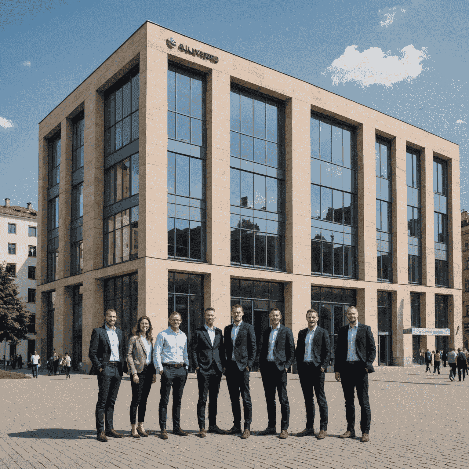 Zespół AlluvFerro przed nowoczesnym biurowcem w centrum Krakowa