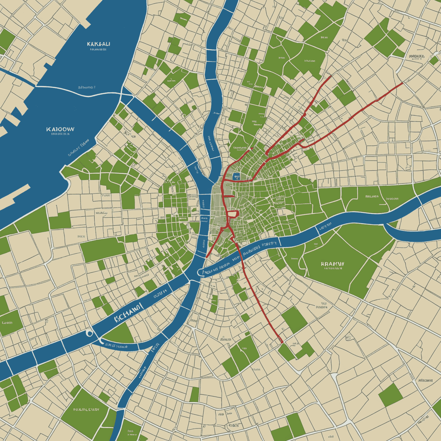 Mapa Krakowa z zaznaczonymi nowymi, rozwijającymi się dzielnicami
