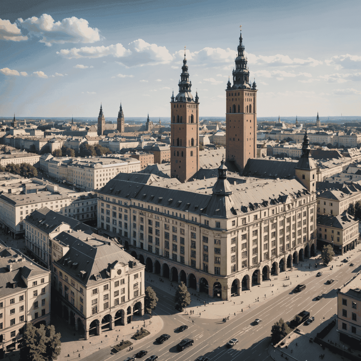 Panorama Krakowa z nowoczesnymi budynkami biurowymi i centrami handlowymi