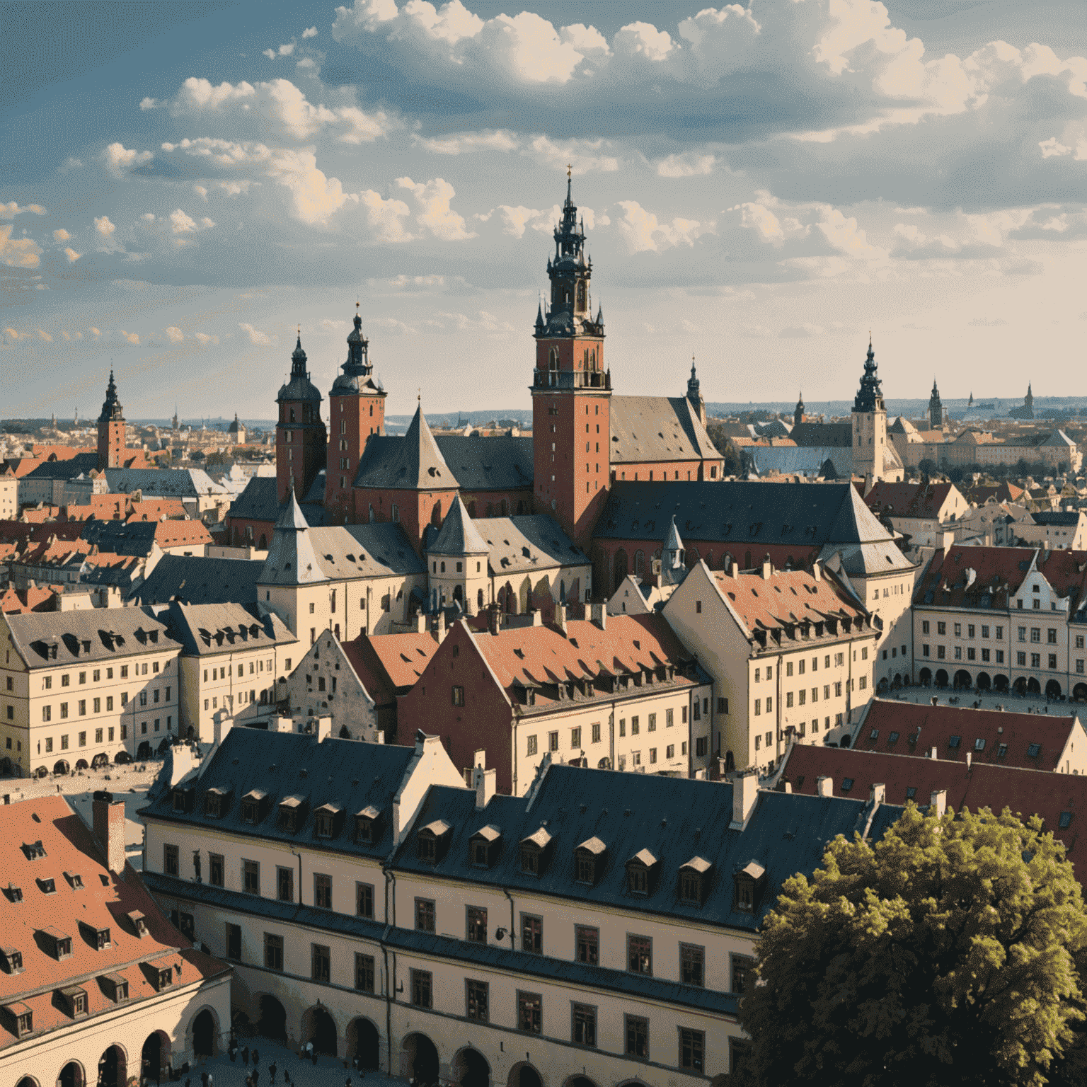 Panorama Starego Miasta w Krakowie z widokiem na zabytkowe kamienice i Wawel