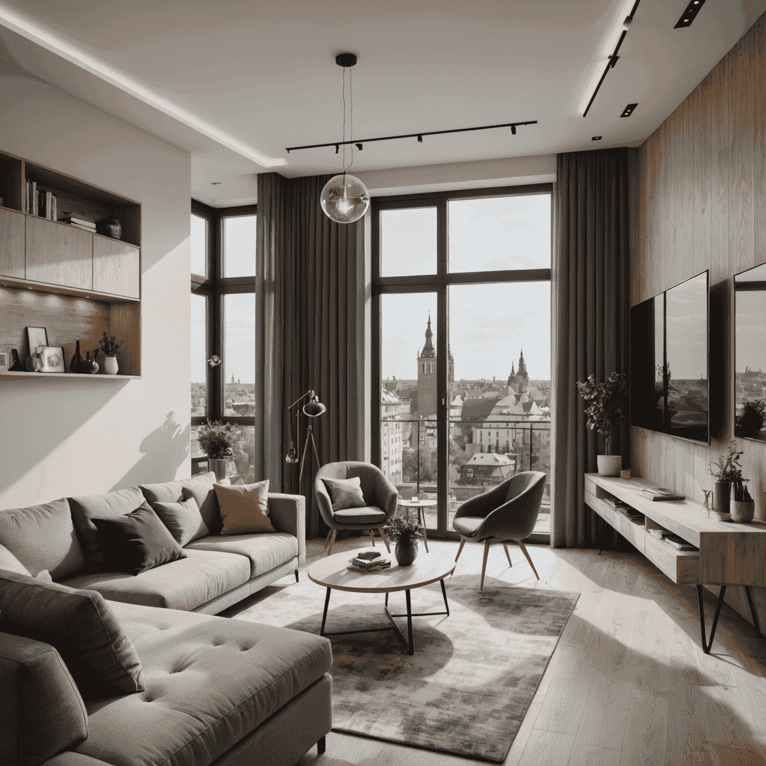 Nowoczesne wnętrze nowego apartamentu w Krakowie z panoramicznym widokiem na miasto