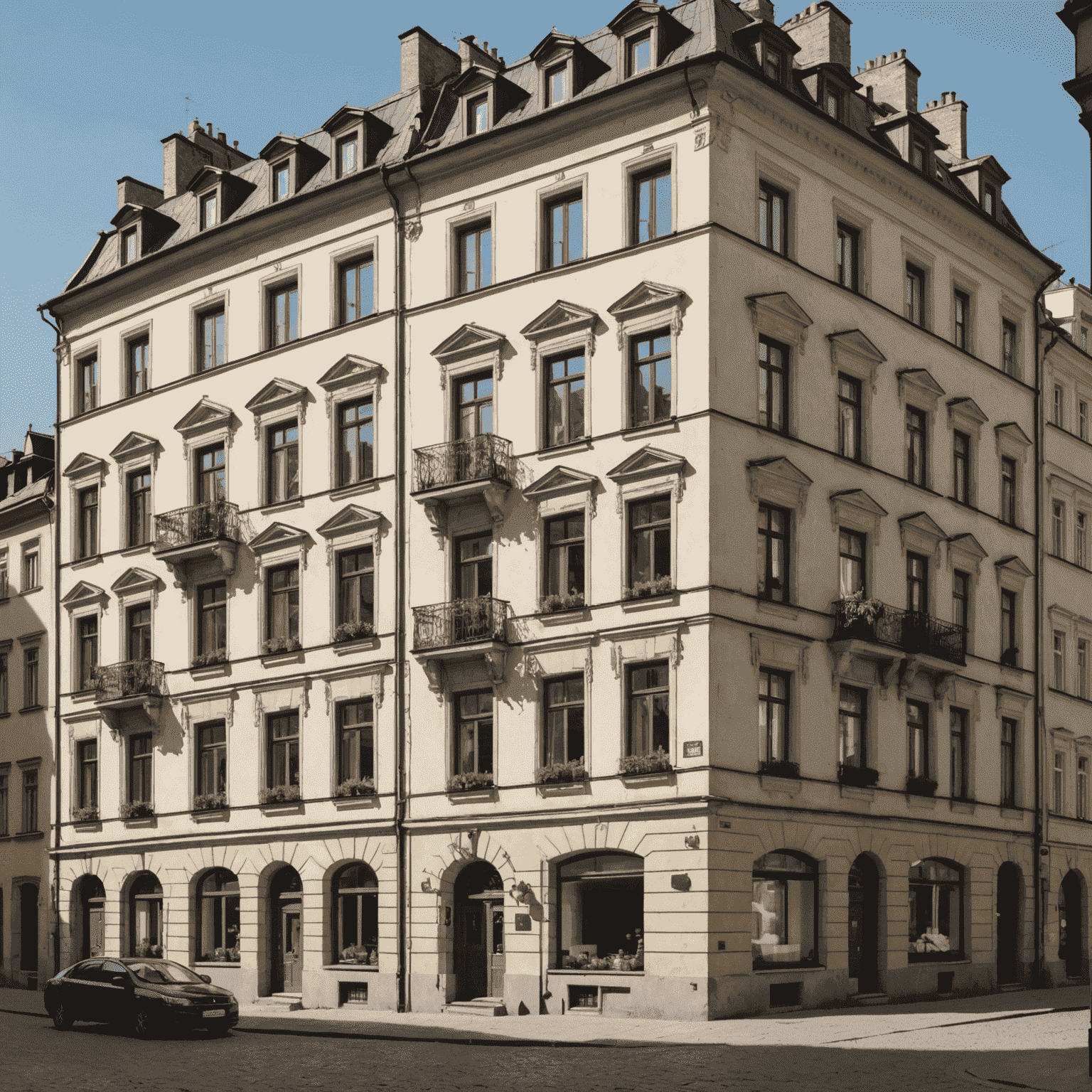 Kolaż przedstawiający odnowioną kamienicę obok nowoczesnego apartamentowca w Krakowie